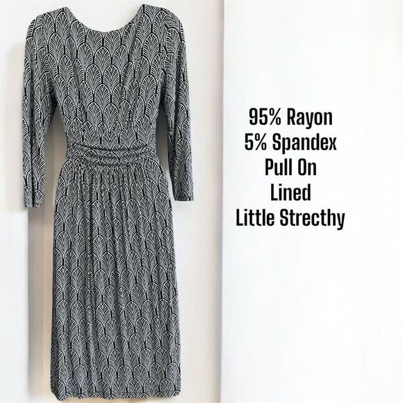 Anthropologie Maeve Black White Art Deco Surplice V Neck 3/4 Sleeve Dress - Picture 4 of 8